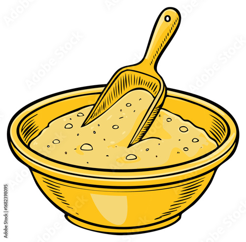Yellow bowl with scoop filled with dry granular substance illustration