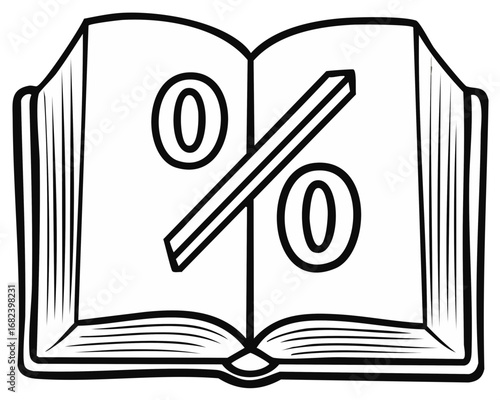 Open book with percentage sign on pages line art illustration for finance and education concepts
