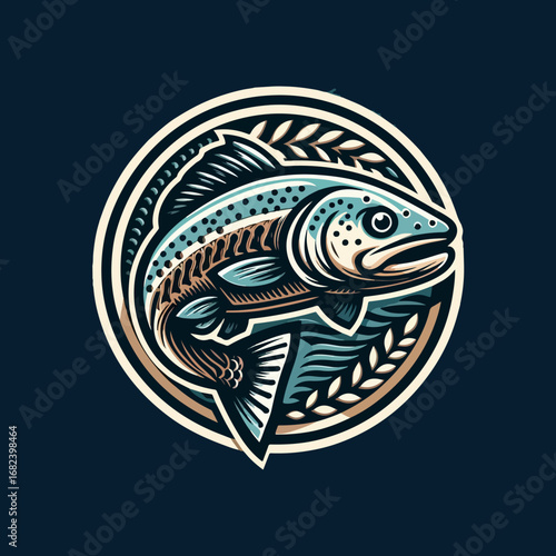 Detailed fish emblem illustration for logo design, aquatic animal focus.
