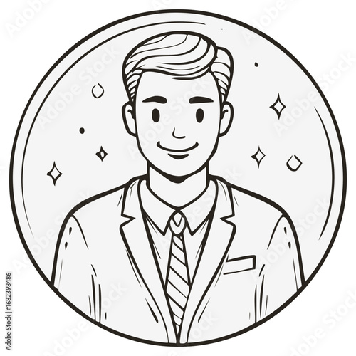 Cartoon Portrait of a Smiling Man in a Suit and Tie with Decorative Accents