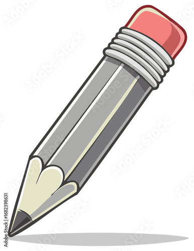 Cartoon style grey pencil with eraser top for writing drawing or design isolated