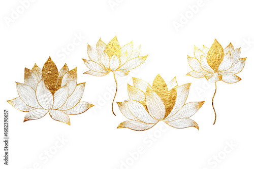 Four stylized lotus flowers in gold and white, arranged horizontally