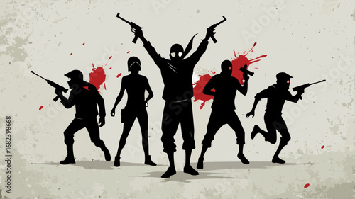 Silhouetted figures of soldiers with guns and blood splatters