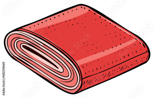 Rolled bright red fabric with polka dot pattern detail