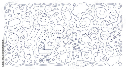 Baby Shower Doodle Art with Toys and Symbols drawing