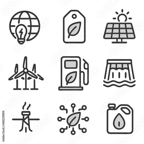 Clean renewable resources icons pack showcasing solar panels, wind turbines, biofuel, hydro energy, and eco-friendly technology.