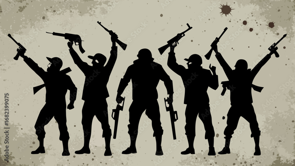 Fototapeta premium Silhouetted soldiers celebrating victory with raised weapons