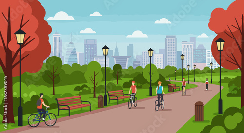 Urban Park with People Cycling and Walking Vector