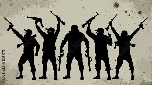Silhouetted soldiers celebrating victory with raised weapons