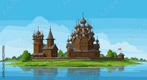 Traditional Wooden Church by the Lake Vector