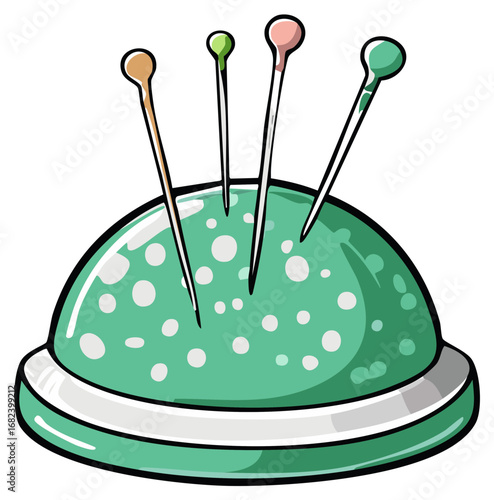 Green polka-dotted pin cushion with sewing pins