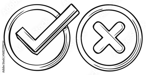 Hand Drawn Check Mark Symbol and Cross Mark Symbol in Circles Black and White