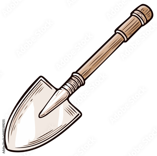 Hand-drawn illustration of a garden trowel with a wooden handle and metal blade.