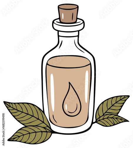 Clear glass bottle with cork stopper filled with light brown liquid and a drop symbol next to green leaves