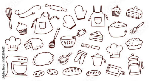 Blue hand drawn baking and cooking utensils doodle set