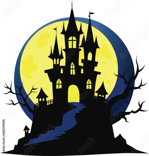Full moon behind spooky castle silhouette