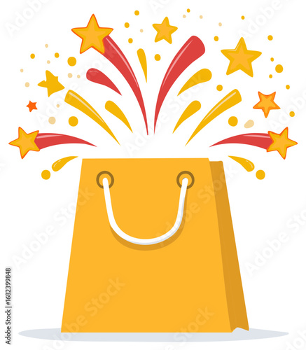 Festive shopping bag bursting with stars and fireworks for a special offer, prize, or sale concept