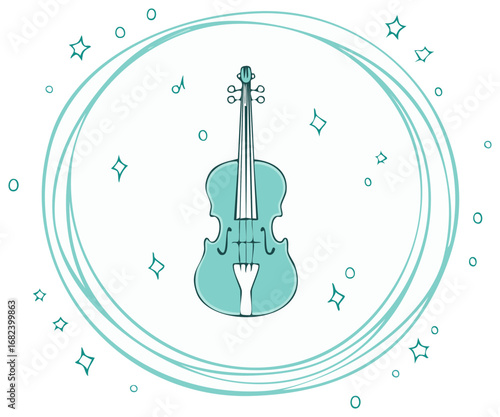 Cartoon Illustration of a Teal Violin with Surrounding Decorative Elements