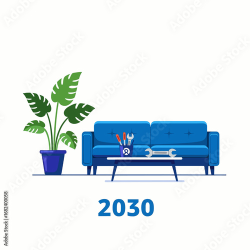 Interior living room with sofa and plant  Minimal Flat Vector Illustration for real estate, home, construction, templates, and brandless design