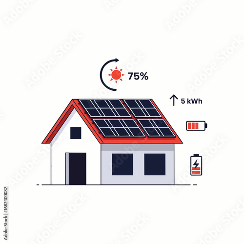 Solar panels on home roof  Minimal Flat Vector Illustration for real estate, home, construction, templates, and brandless design