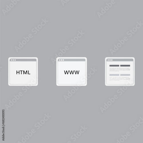 Vector art of three stylized windows show web development concepts