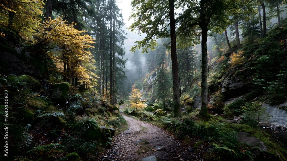 Fototapeta premium Enchanting Autumn Forest Path Bathed in Soft, Misty Sunlight