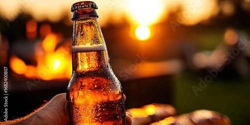 A refreshing cold beer bottle is held up droplets of. Chilled brew flask lifted high tiny moisture bead cool beverage refreshment summer thirst drink alcohol celebration party