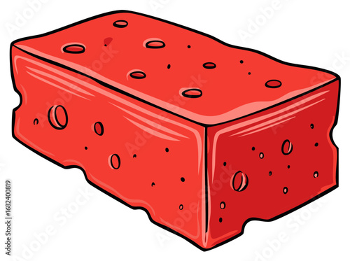 Vivid red porous rectangular object with textured edges and many holes cartoon style