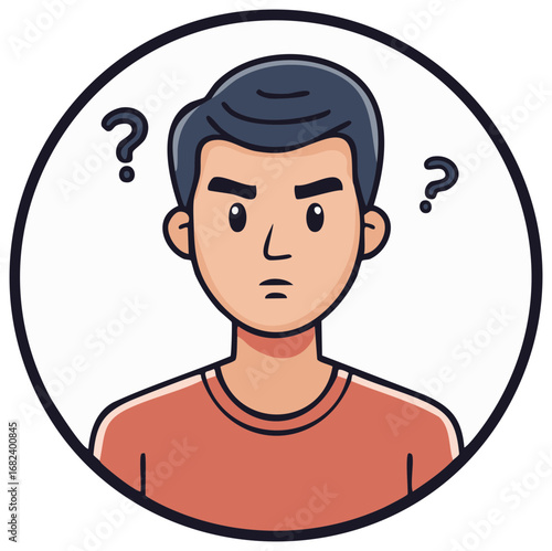 Illustration of a man with a questioning expression accompanied by question marks above head