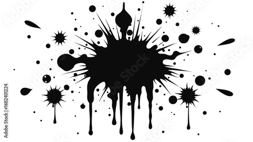 Explosive black ink splatter with dripping effects and starbursts