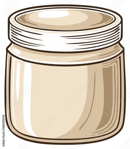 Empty glass jar with a lid, simple cartoon vector illustration in beige and brown.