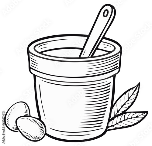 Drawn yogurt cup with spoon, eggs, and leaves in black and white design; food ingredients