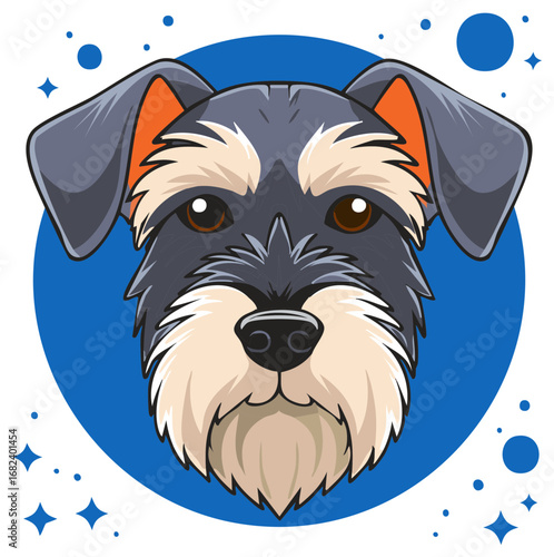 Adorable cartoon pet portrait featuring a stylized schnauzer dog face against a vibrant blue background