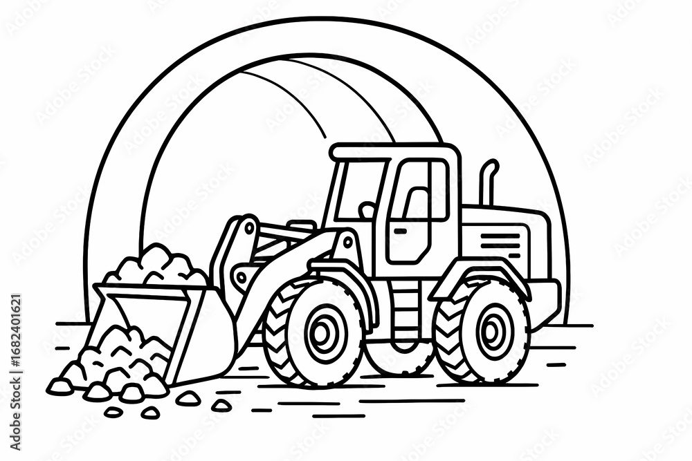 Naklejka premium Loader moving rocks inside tunnel line art illustration. Fun coloring page