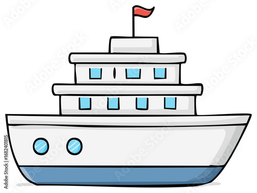 Stylized cartoon ferryboat with blue hull and flag sailing on water