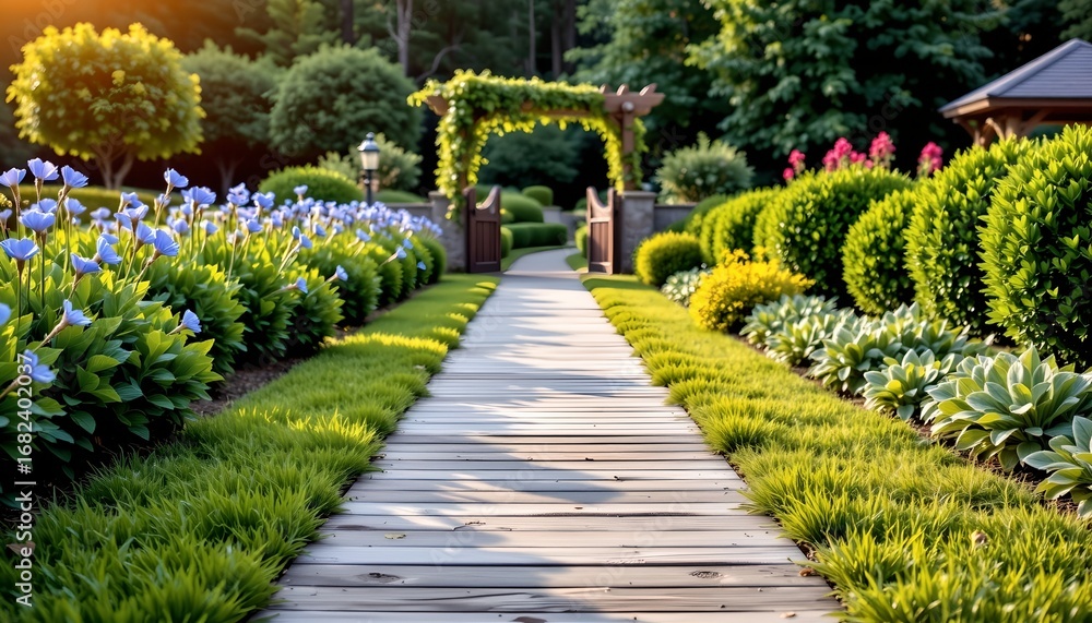 Obraz premium Serene Garden Pathway with Blooming Flowers and Greenery