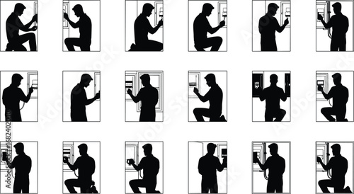 Electrician silhouettes working, electrical panel repair, wiring maintenance, power distribution, construction worker, black vector illustration, engineer tools, installation service, industry