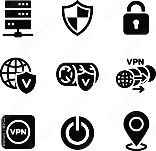 Cybersecurity and vpn service icons for digital protection and privacy