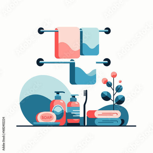 Bathroom toiletries and towel rack  Minimal Flat Vector Illustration for home, interior, cleaning, templates, and brandless design