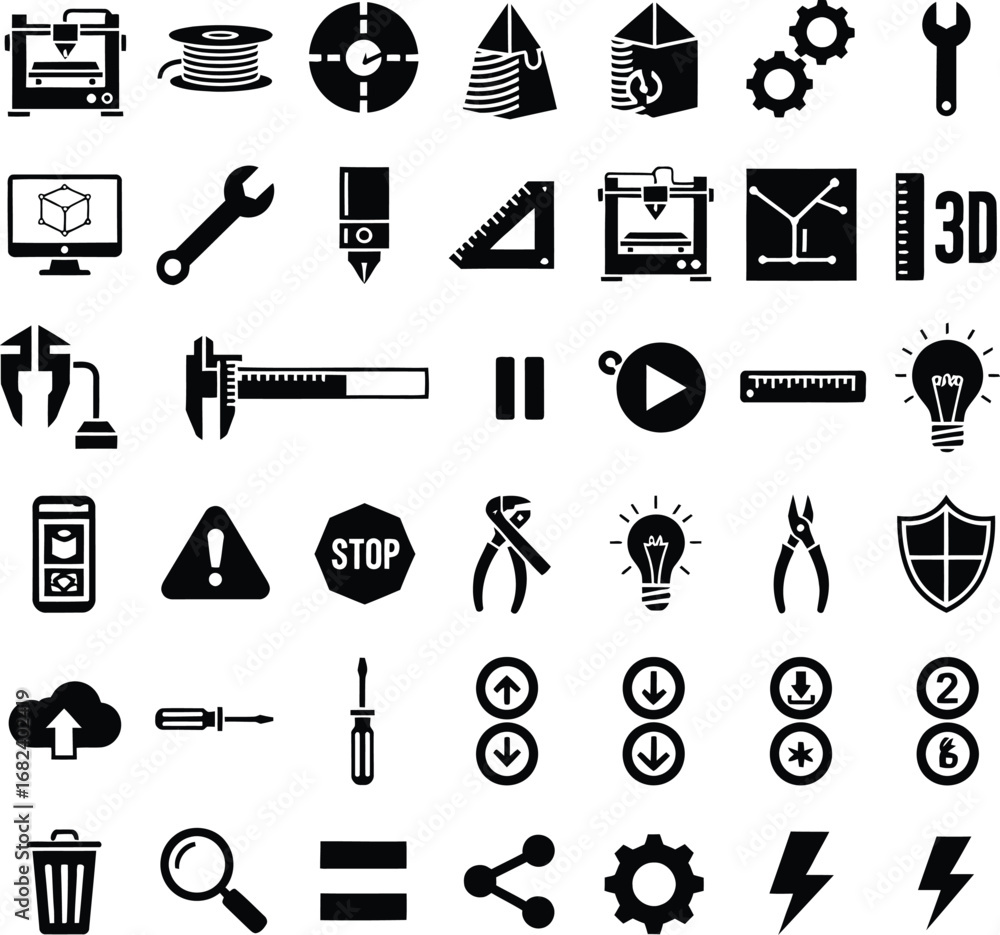 Obraz premium Collection of black and white icons representing technology and tools