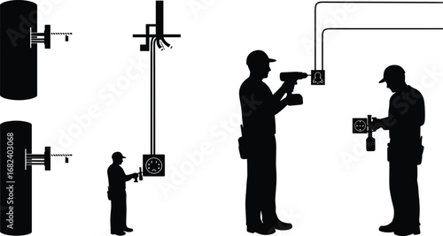 Electrician silhouettes working, power drill, wall socket installation, wiring connection, construction worker, repair maintenance, black vector illustration, electrical industry, tools