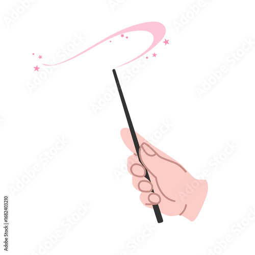 Hand holding magic wand. Witchcraft with sparkling, glowing spell. Illusionist tool, mystical symbol, magic attribute of a wizard