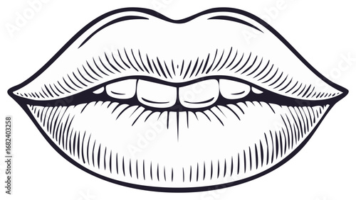 Sensual female lips with a slight smile in a vintage black and white engraving illustration