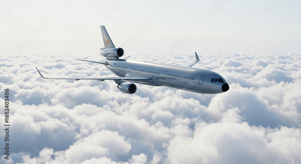 Obraz premium 白雲の上を滑空する旅客機 穏やかな光に包まれて. AI Generated