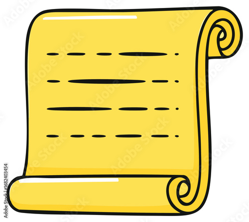 Yellow scroll cartoon illustration with text. Hand-drawn vector, document, parchment for education and messaging.