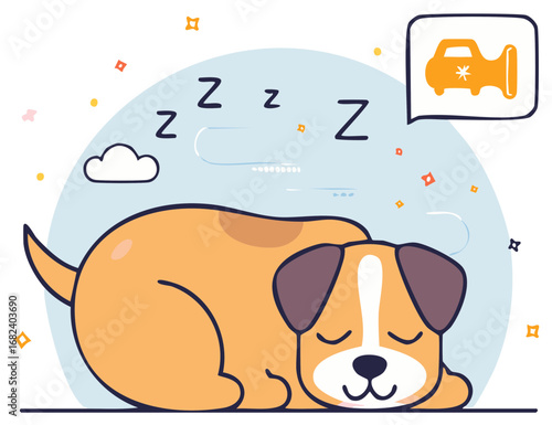 Sleeping Dog Cartoon Dreaming of Vacuum Cleaner Home Cleaning Pet Nap Canine