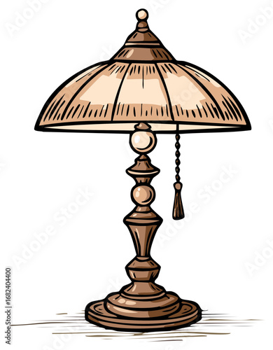 Hand drawn vintage table lamp illustration in shades of brown and cream