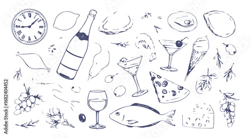 Hand Drawn Food and Drink Assortment wine champagne