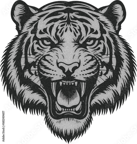 Black and White Tiger Head  Halftone Style Retro Wildlife Vector Illustration