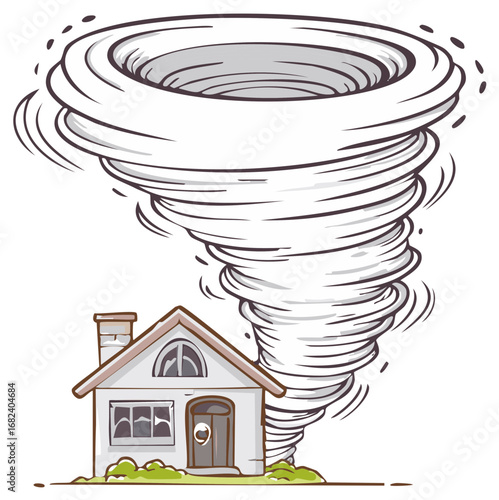 Destructive Tornado Threatens a Small Residential House with Strong Winds and Twisting Motion